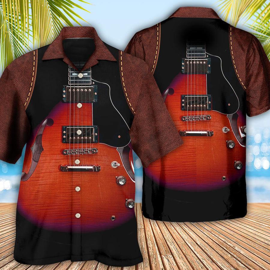 Guitar Red Vintage Leather Aloha Hawaiian Shirt For Summer, Guitar Hawaiian Shirts Matching Outfit For Men Women, Music Guitar Lover - Amzanimalsgift