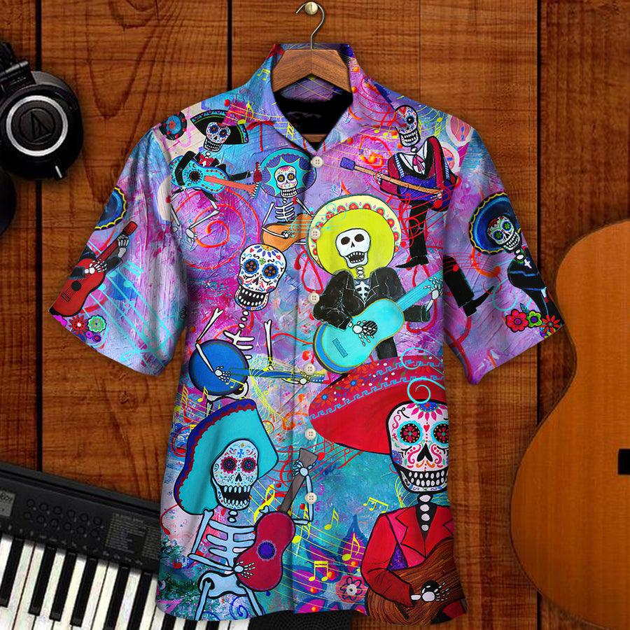 Guitar Sugar Skull Aloha Hawaiian Shirt For Summer, Guitar Day Of The Dead Calavera Hawaiian Shirts Outfit For Men Women, Music Guitar Lovers - Amzanimalsgift