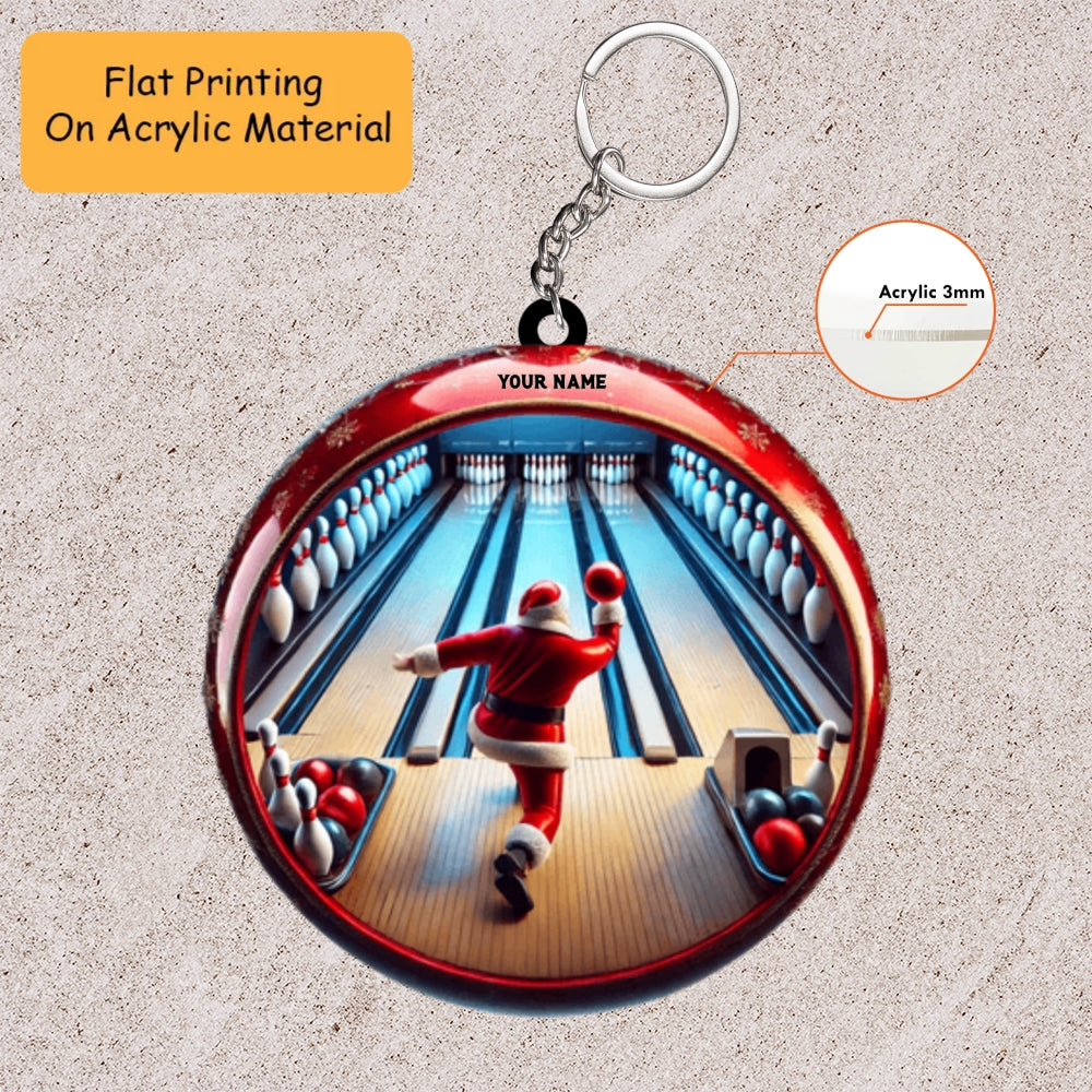 Personalized Bowling Santa Decor Acrylic Ornament, Bowling Christmas Keychain, Car Ornament, Christmas Ornament Gifts
