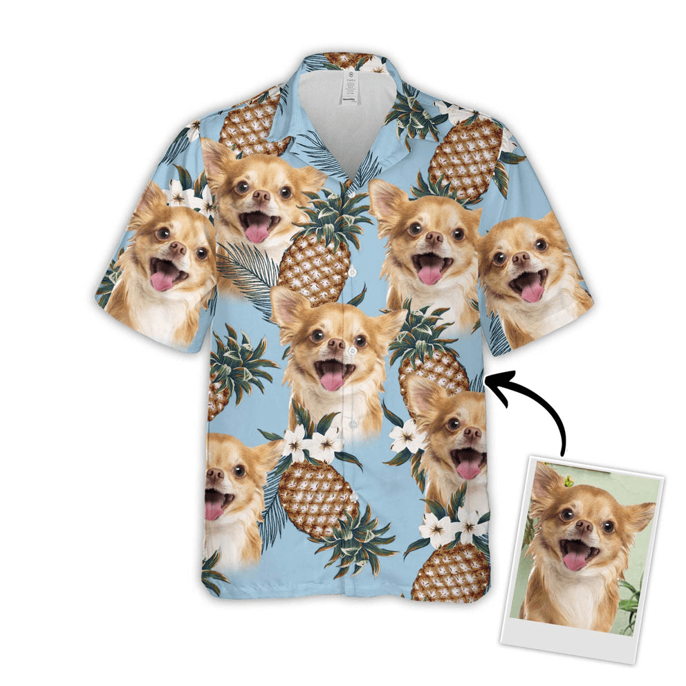 Hawaiian Shirt With Your Dog's Face - Pineapple Pattern Light Blue Color Aloha Shirt - Personalized Hawaiian Shirt For Men & Women, Pet Lovers - Amzanimalsgift