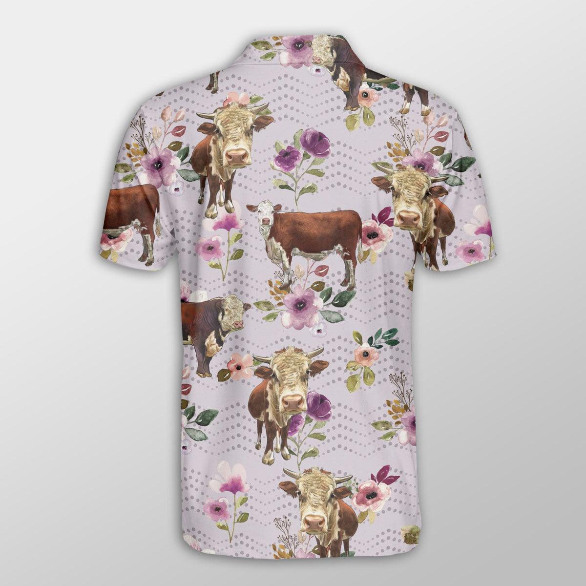 Hereford Men Polo Shirt For Summer - Hereford Autumn Amethyst Boho Floral Pattern Button Shirt For Men - Perfect Gift For Hereford Lovers, Cattle Lovers - Amzanimalsgift