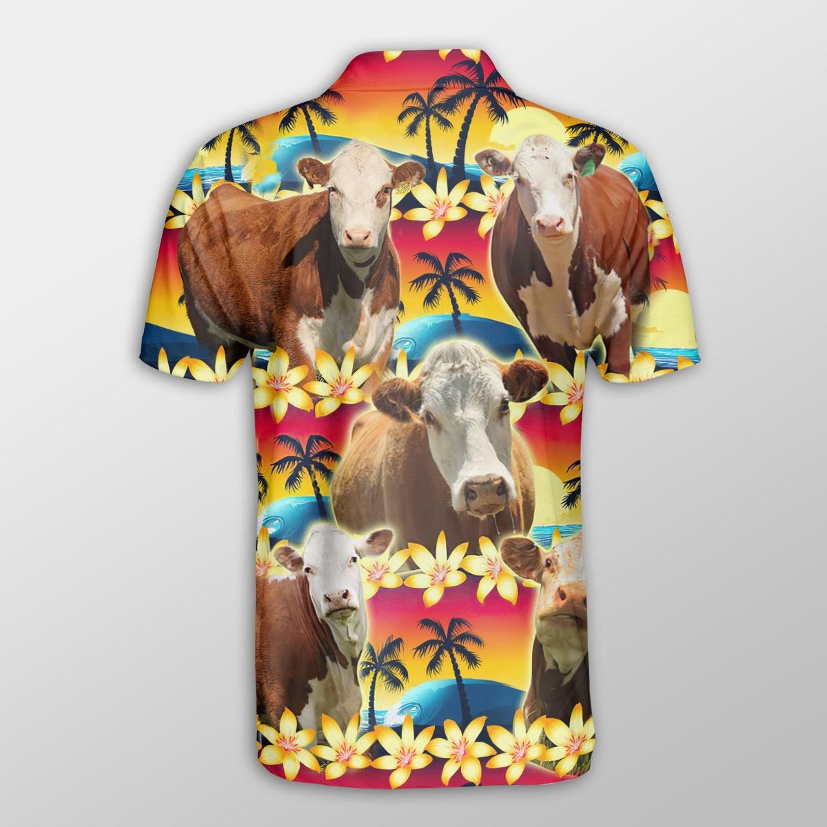 Hereford Men Polo Shirt For Summer - Hereford Beach Sunset Pattern Button Shirt For Men - Perfect Gift For Hereford Lovers, Cattle Lovers - Amzanimalsgift