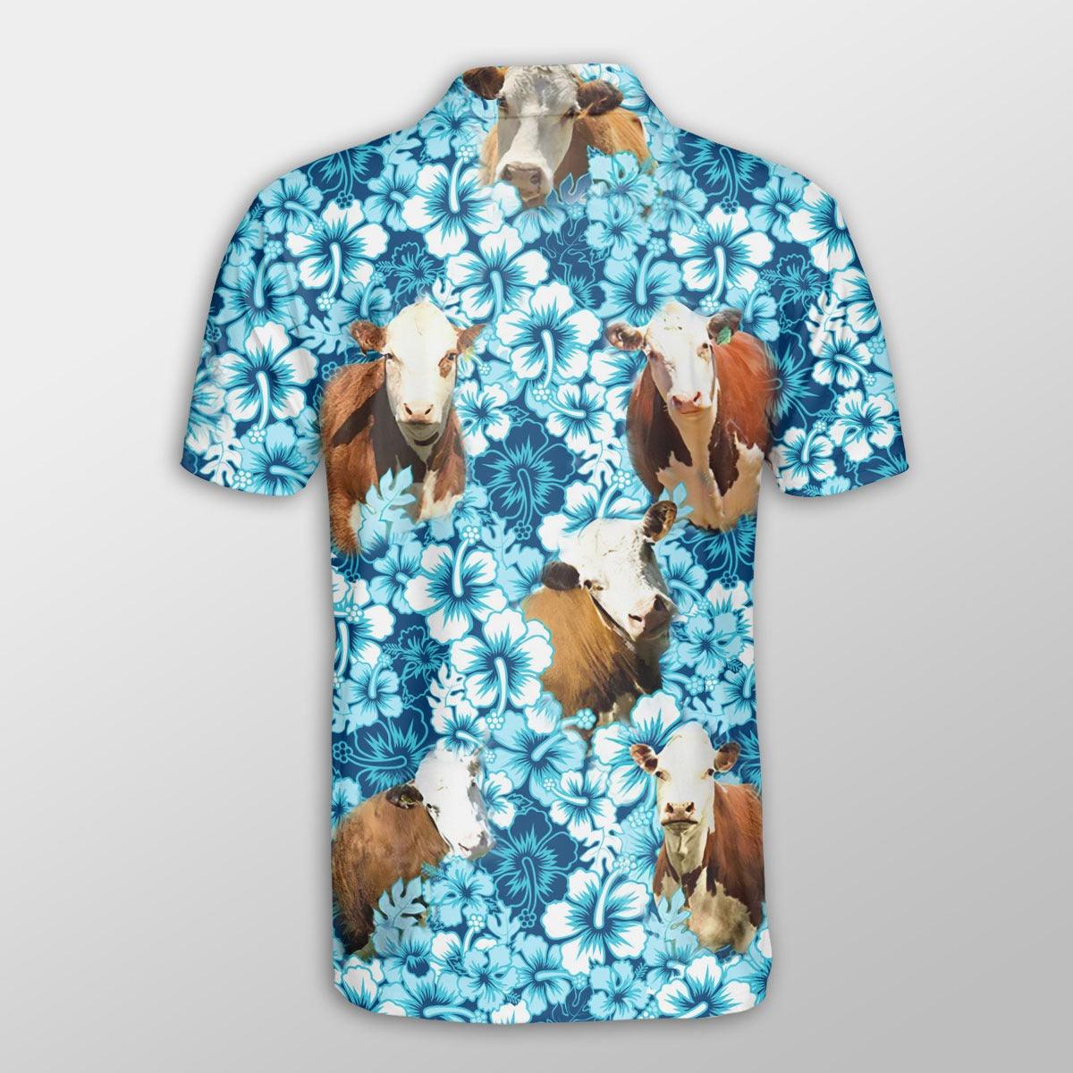 Hereford Men Polo Shirt For Summer - Hereford Blue Hibiscus Pattern Button Shirt For Men - Perfect Gift For Hereford Lovers, Cattle Lovers - Amzanimalsgift