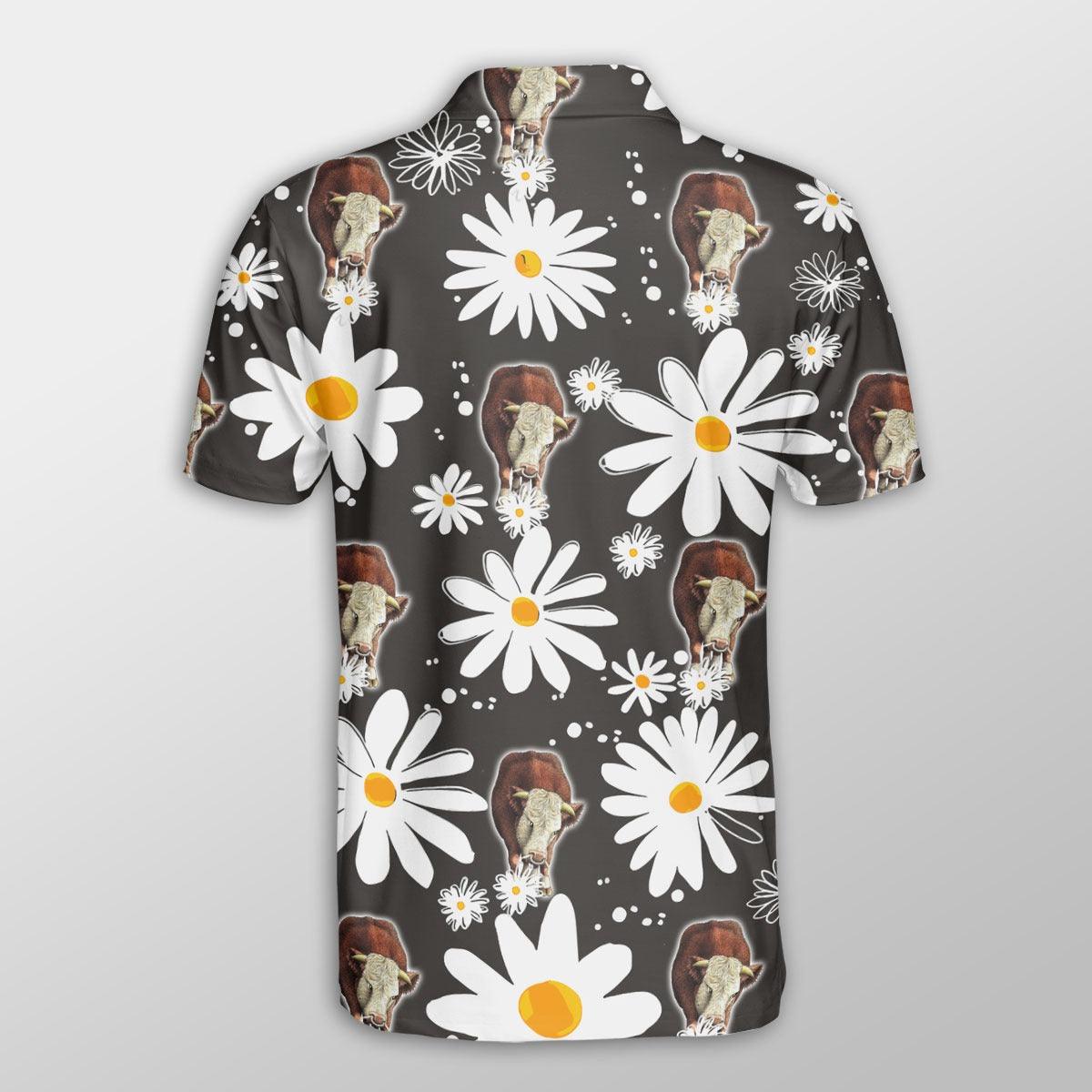 Hereford Men Polo Shirt For Summer - Hereford Daisy Flower Pattern Button Shirt For Men - Perfect Gift For Hereford Lovers, Cattle Lovers - Amzanimalsgift