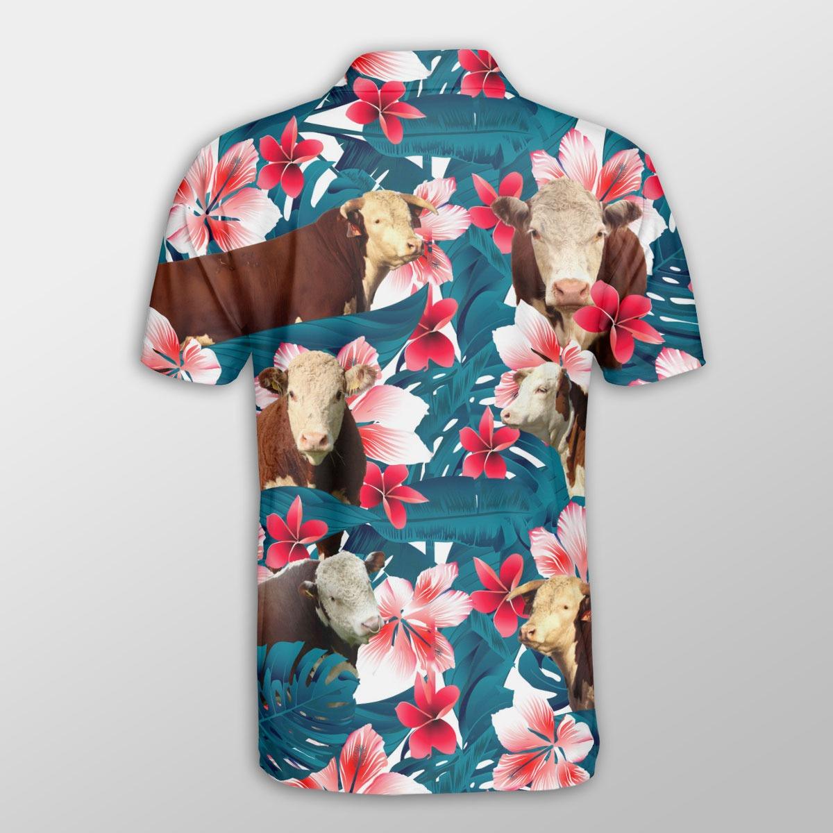 Hereford Men Polo Shirt For Summer - Hereford Tropical Floral Pattern Farm Lovers Button Shirt For Men - Perfect Gift For Hereford Lovers, Cattle Lovers - Amzanimalsgift