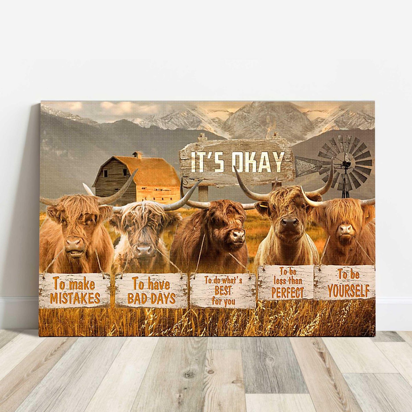 Highland Cattle Landscape Canvas, It’s Okay To Make Mistakes To Have Bad Days Premium Wrapped Canvas - Perfect Gift For Farmer, Cattle Lover - Amzanimalsgift