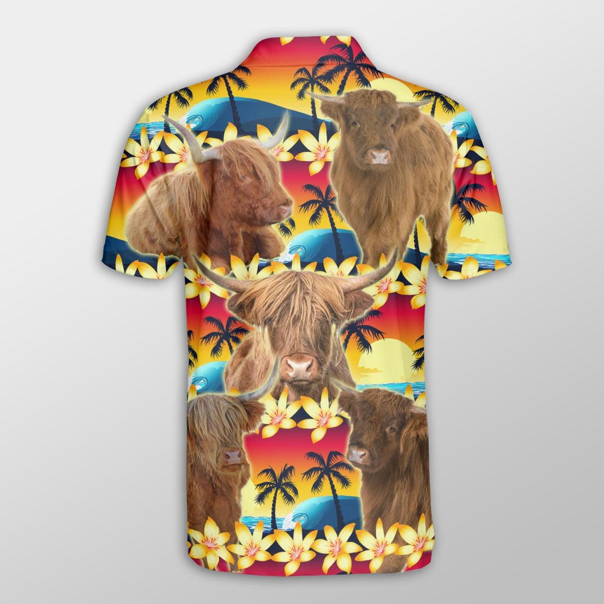 Highland Cattle Men Polo Shirts - Highland Cattle Beach Sunset Pattern Button Shirt For Men - Perfect Gift For Highland Cattle Lovers - Amzanimalsgift
