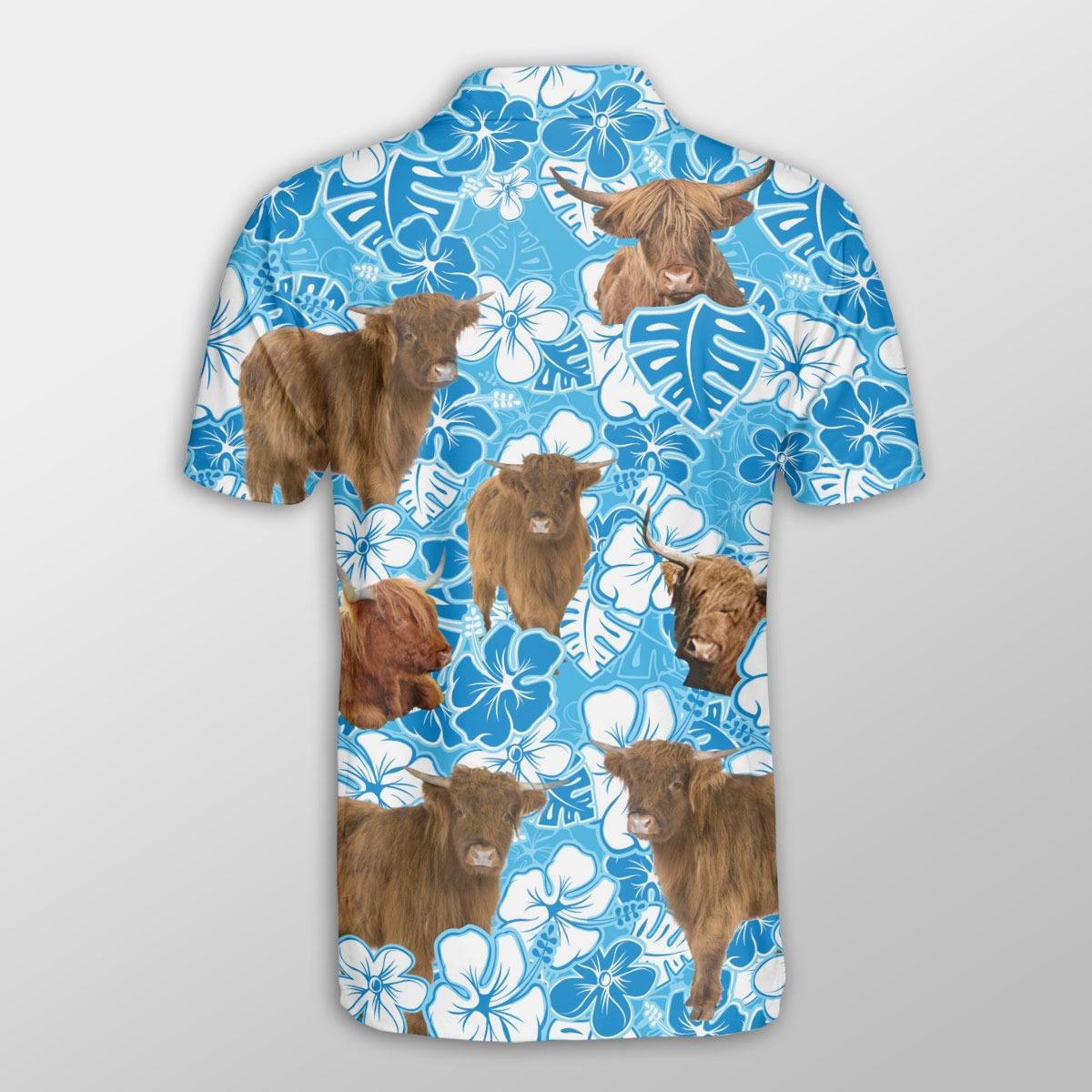 Highland Cattle Men Polo Shirts - Highland Cattle Blue Floral Pattern Button Shirt For Men - Perfect Gift For Highland Cattle Lovers - Amzanimalsgift
