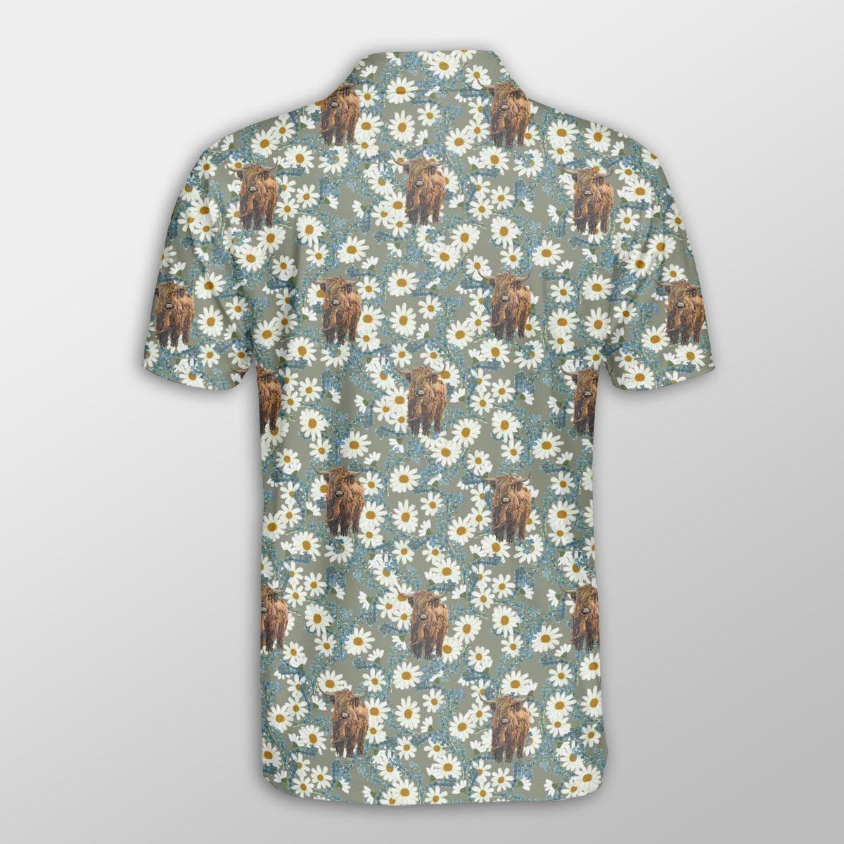 Highland Cattle Men Polo Shirts - Highland Cattle Camomilles Flower Grey Pattern Button Shirt For Men - Perfect Gift For Highland Cattle Lovers - Amzanimalsgift