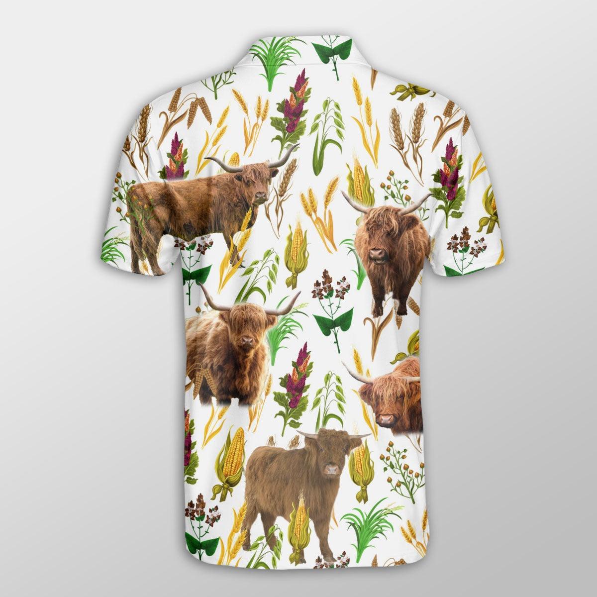 Highland Cattle Men Polo Shirts - Highland Cattle Farm Wheat Pattern Button Shirt For Men - Perfect Gift For Highland Cattle Lovers - Amzanimalsgift