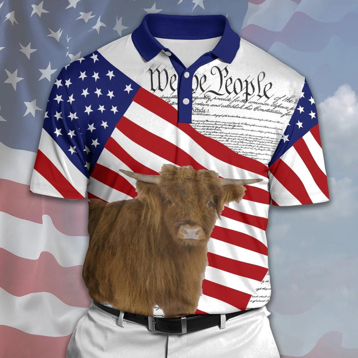 Highland Cattle Men Polo Shirts - Highland Cattle States Of America Polo Shirt For Men - Perfect Gift For Highland Cattle Lovers - Amzanimalsgift