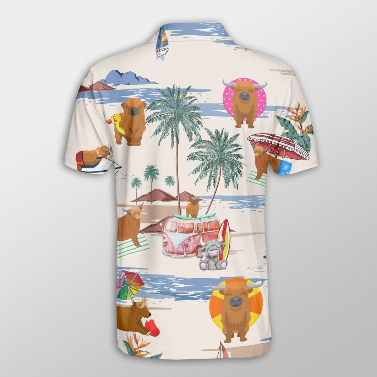Highland Cattle Men Polo Shirts - Highland Cattle Summer Beach Pattern Button Shirt For Men - Perfect Gift For Highland Cattle Lovers - Amzanimalsgift