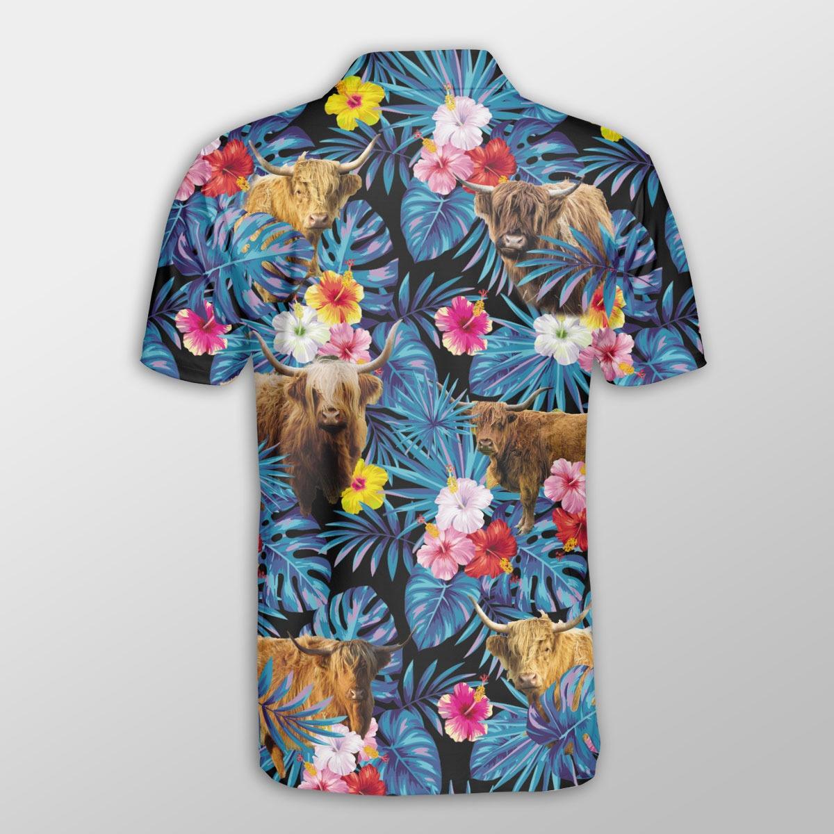 Highland Cattle Men Polo Shirts - Highland Cattle Tropical Flowers Leaves Pattern Button Shirt For Men - Perfect Gift For Highland Cattle Lovers - Amzanimalsgift