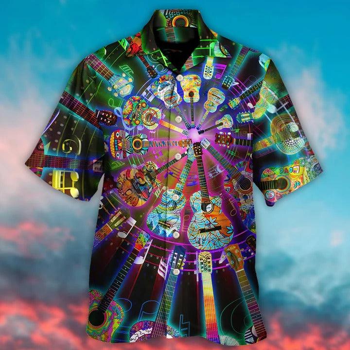 Hippie Aloha Hawaiian Shirt - Hippie Funny Guitar Music Colorful Hawaiian Shirt For Summer - Perfect Gift For Friend, Family - Amzanimalsgift