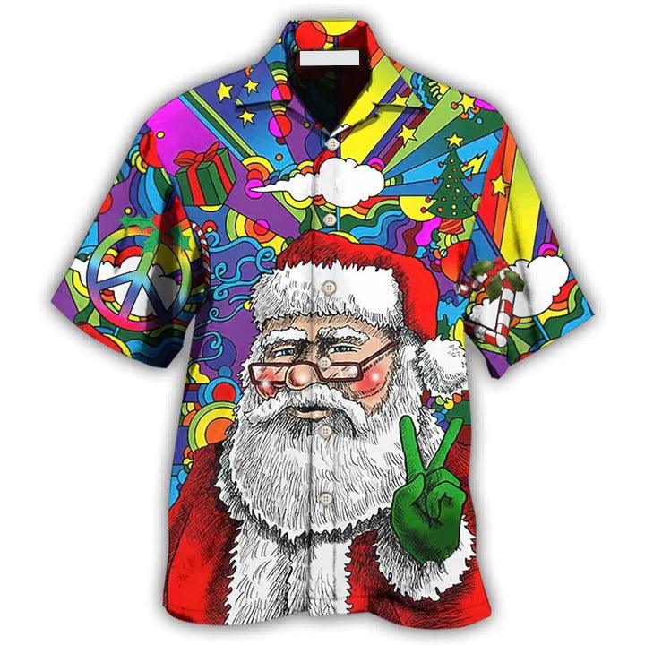 Hippie Aloha Hawaiian Shirt - Hippie Funny Santa Claus Christmas Hawaiian Shirt For Summer - Perfect Gift For Friend, Family - Amzanimalsgift