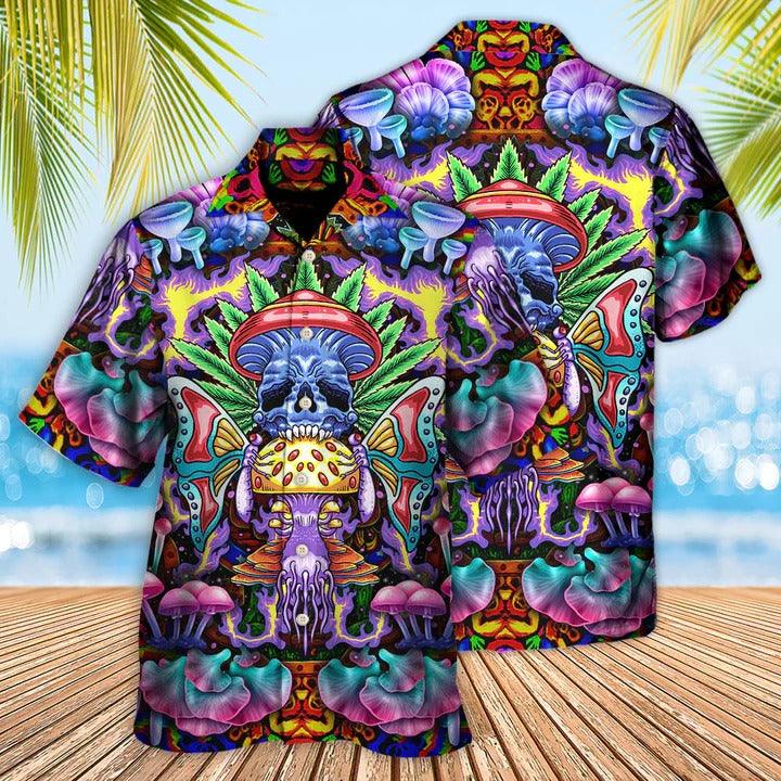Hippie Aloha Hawaiian Shirt - Hippie Mushroom And Skull Art Hawaiian Shirt For Summer - Perfect Gift For Friend, Family - Amzanimalsgift