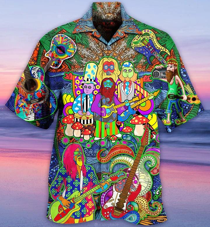 Hippie Aloha Hawaiian Shirt - Hippie Music Electric Guitar Colorful Style Hawaiian Shirt For Summer - Perfect Gift For Friend, Family - Amzanimalsgift