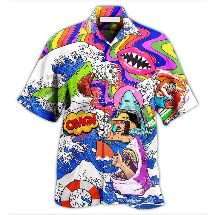 Hippie Aloha Hawaiian Shirt - Hippie Shark Hippie Shark And Girl Hawaiian Shirt For Summer - Perfect Gift For Friend, Family - Amzanimalsgift