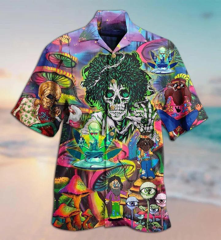 Hippie Aloha Hawaiian Shirt - Hippie Skull Alien Mix Color Hawaiian Shirt For Summer - Perfect Gift For Friend, Family - Amzanimalsgift