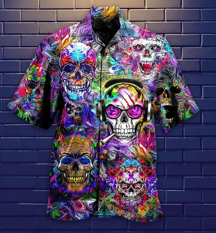 Hippie Aloha Hawaiian Shirt - Hippie Skull Color Flowers Hawaiian Shirt For Summer - Perfect Gift For Friend, Family - Amzanimalsgift