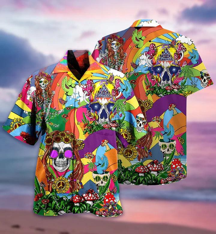 Hippie Aloha Hawaiian Shirt - Hippie Skull Peace Life Color So Funny Hawaiian Shirt For Summer - Perfect Gift For Friend, Family - Amzanimalsgift