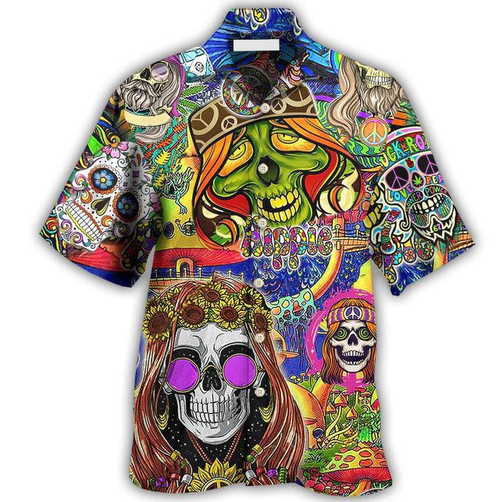 Hippie Aloha Hawaiian Shirt - Hippie Skull Rock And Roll Hawaiian Shirt For Summer - Perfect Gift For Friend, Family - Amzanimalsgift
