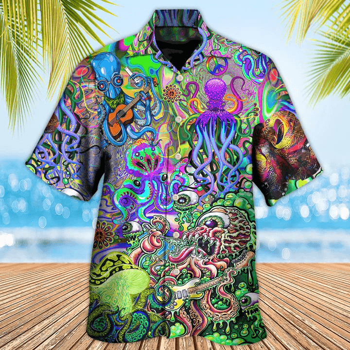 Hippie Hawaiian Shirt - Hippie Funny Octopus Love Music Colorful Ocean Hawaiian Shirt For Summer - Perfect Gift For Friend, Family - Amzanimalsgift