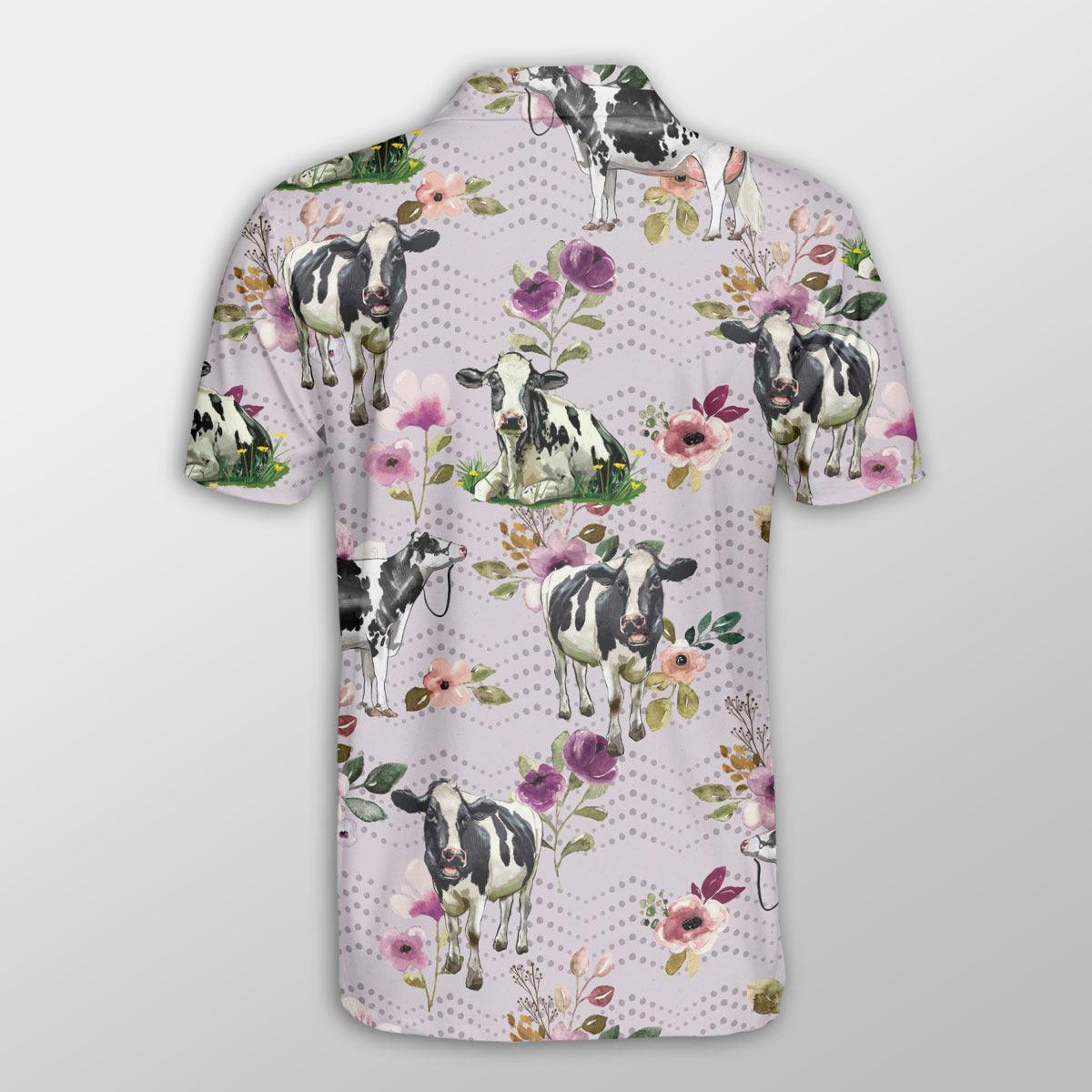 Holstein Men Polo Shirt For Summer - Holstein Autumn Amethyst Boho Floral Pattern Button Shirt For Men - Perfect Gift For Holstein Lovers, Animal Lovers - Amzanimalsgift
