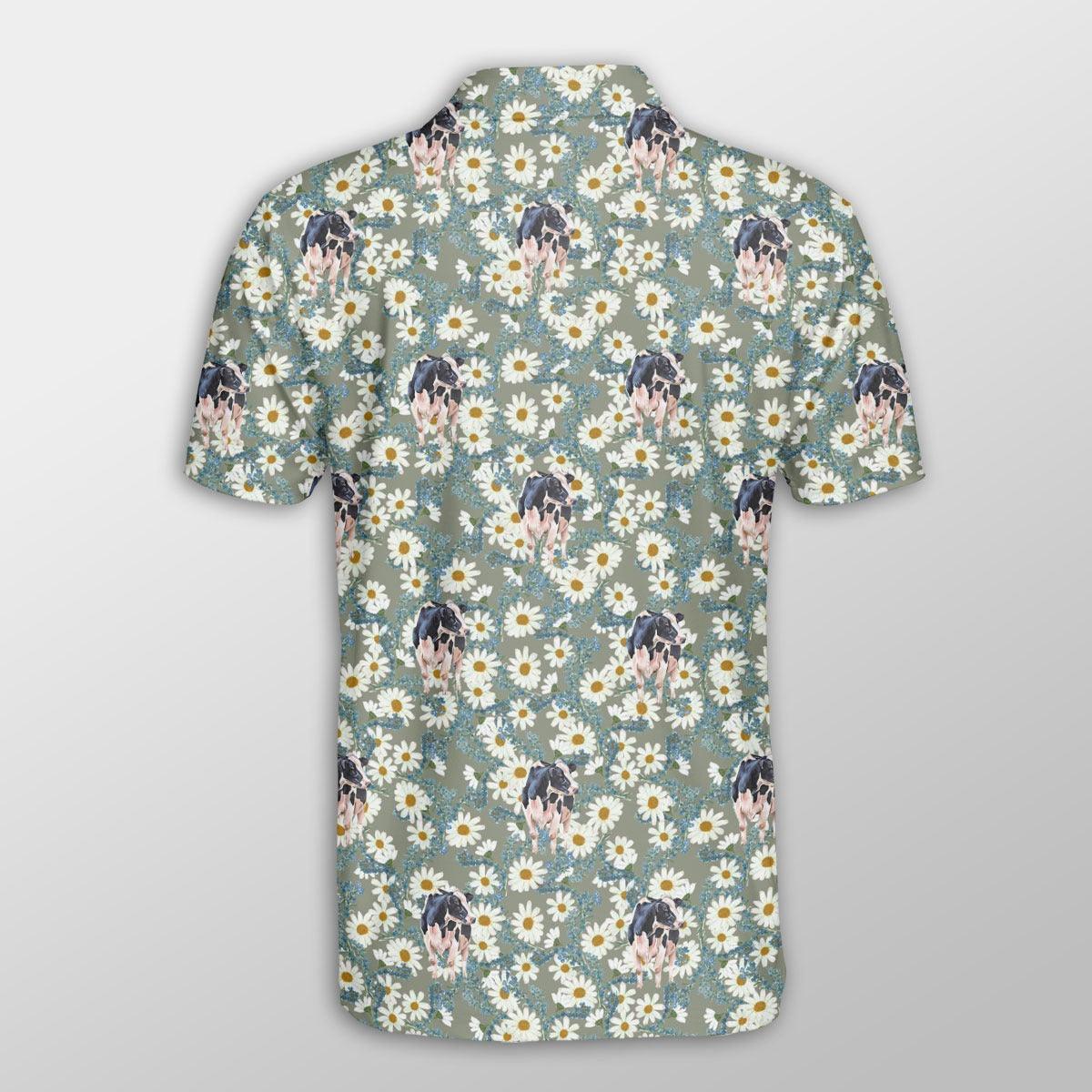 Holstein Men Polo Shirt For Summer - Holstein Camomilles Flower Grey Pattern Button Shirt For Men - Perfect Gift For Holstein Lovers, Cattle Lovers - Amzanimalsgift