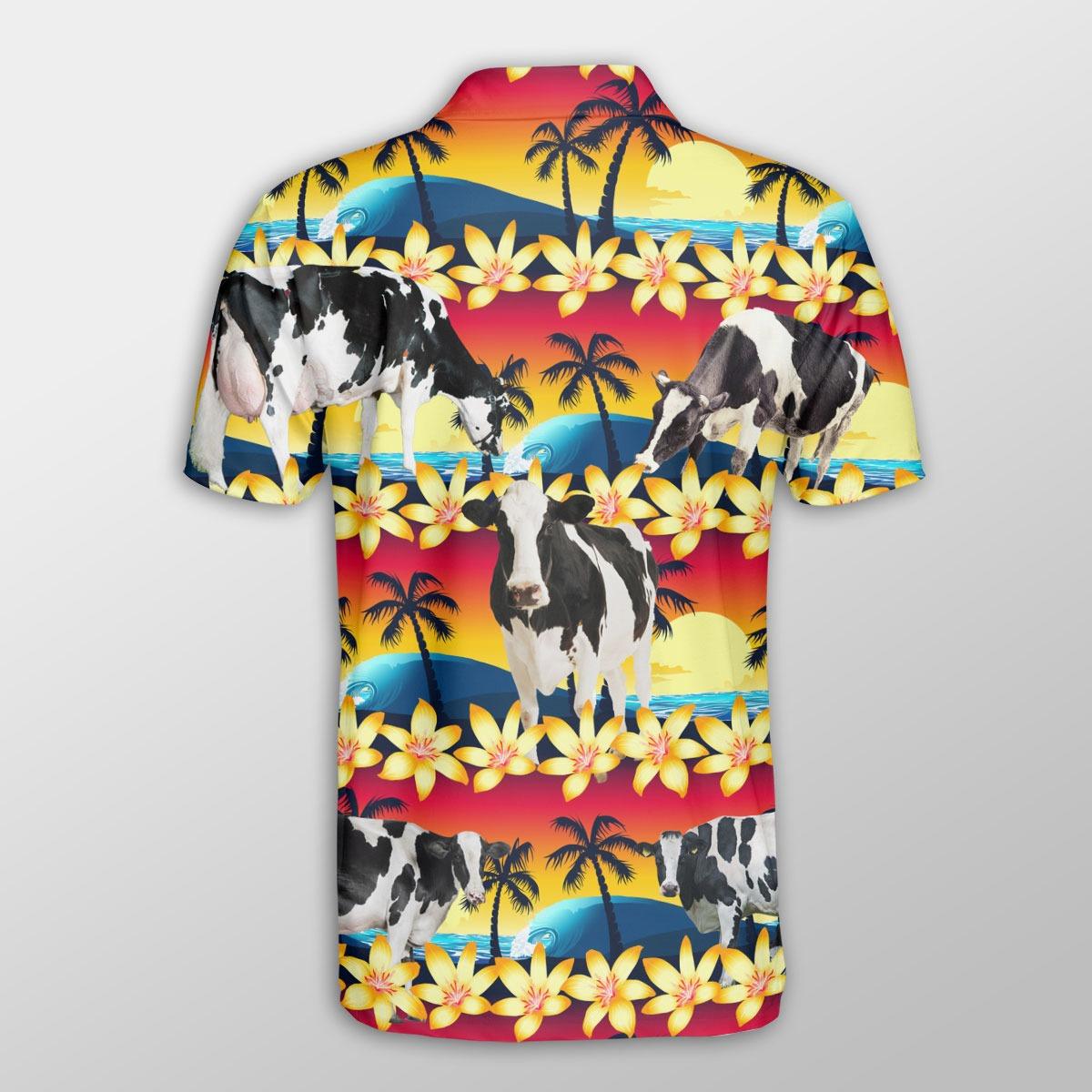 Holstein Men Polo Shirts - Holstein Beach Sunset Pattern Shirt For Men - Perfect Gift For Holstein Lovers, Cattle Lovers - Amzanimalsgift