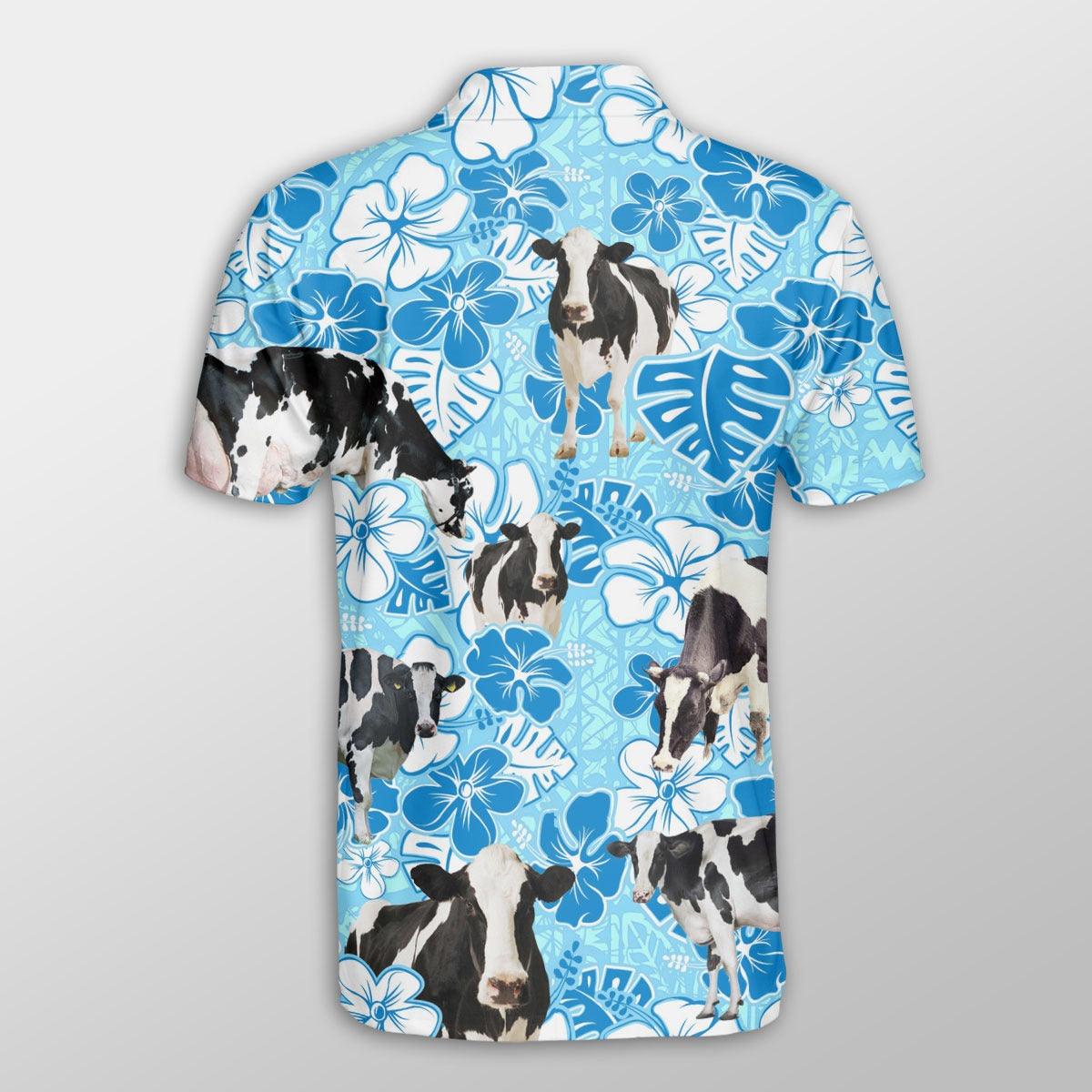 Holstein Men Polo Shirts - Holstein Blue Floral Pattern Shirt For Men - Perfect Gift For Holstein Lovers, Cattle Lovers - Amzanimalsgift