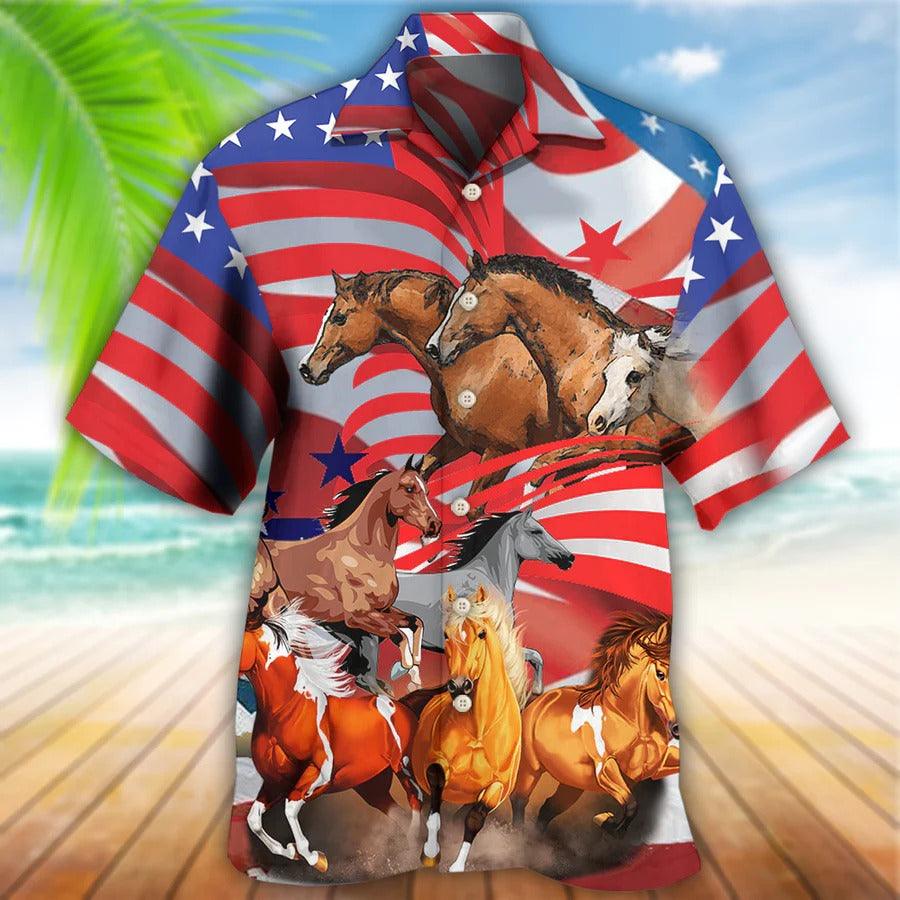 Horse Hawaiian Shirt For Summer - Horse Independence Day American Flag Hawaiian Shirt - Perfect Gift For Men, Horse Lovers - Amzanimalsgift