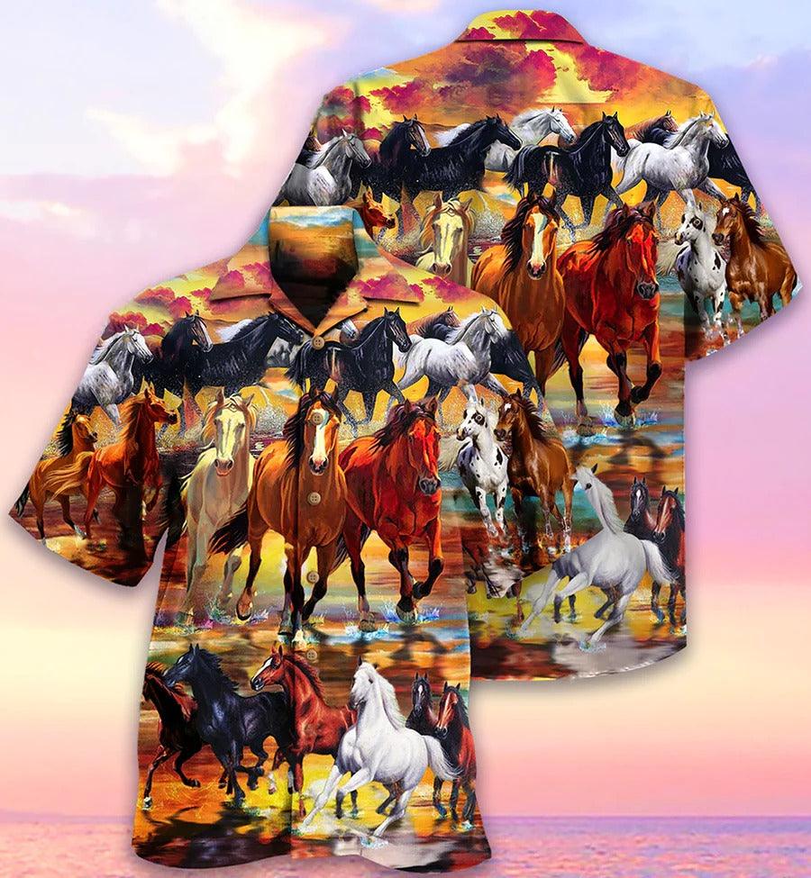 Horse Hawaiian Shirts For Summer - Herd Of Horses Running On The Water Hawaiian Shirt - Perfect Gift For Men, Horse Lovers - Amzanimalsgift