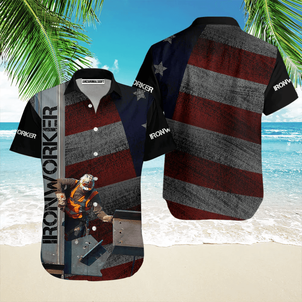 Iron Worker American Flag Red And Gray Aloha Hawaiian Shirts For Men Women, 4th Of July Gift For Summer, Friend, Family, Independence Day - Amzanimalsgift