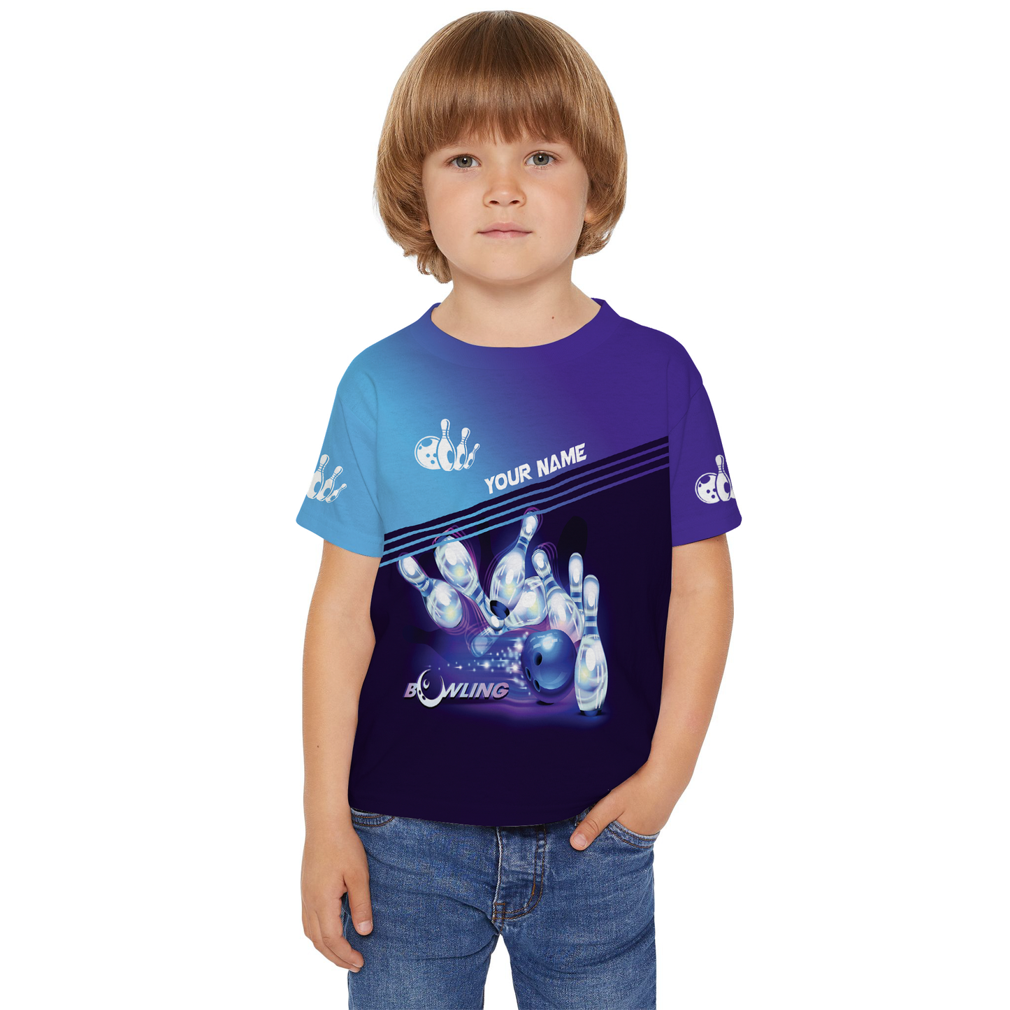 Customized Name Bowling Kids and Youth T Shirt, Personalized Blue Bowling Shirt Team Uniform Player - Best Gift For Kids, Son, Daughter