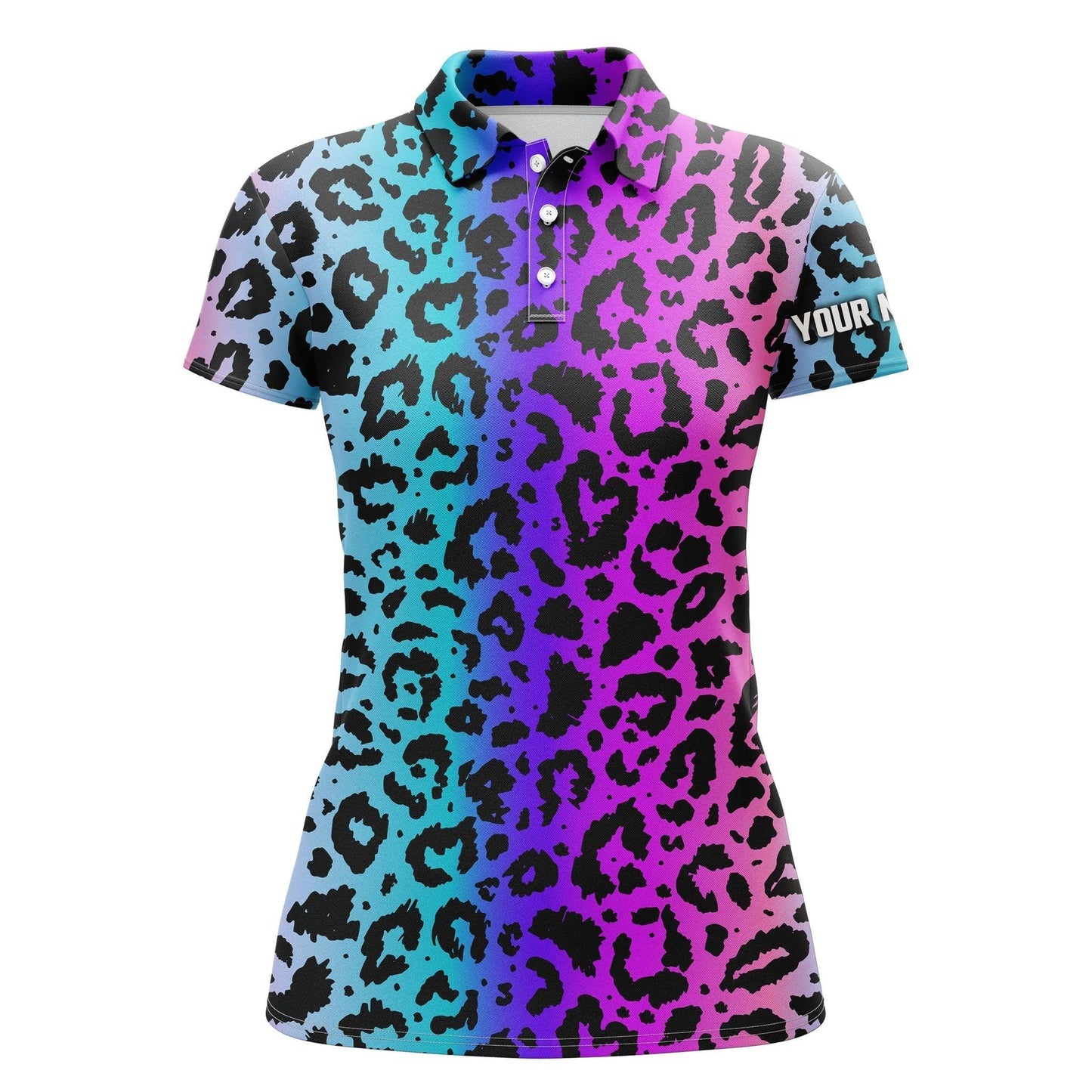 Leopard Pattern Custom Name Women Polo Shirt, Colorful Neon Gradient Leopard Print Pattern Personalized Women Polo Shirts, Gift For Ladies, Women - Amzanimalsgift