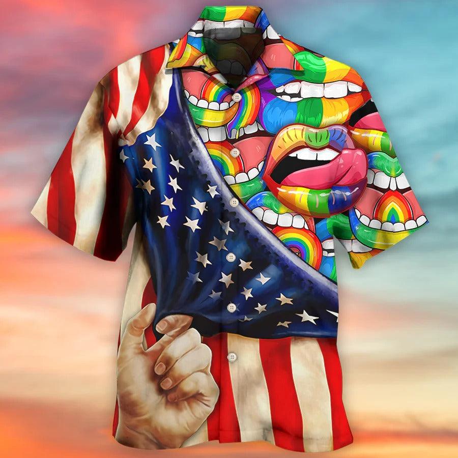 LGBT Aloha Hawaiian Shirt For Summer - LGBT Lip Love Style Hawaiian Shirt - US Flag Hawaiian Shirt - Perfect Gift For LGBT - Amzanimalsgift