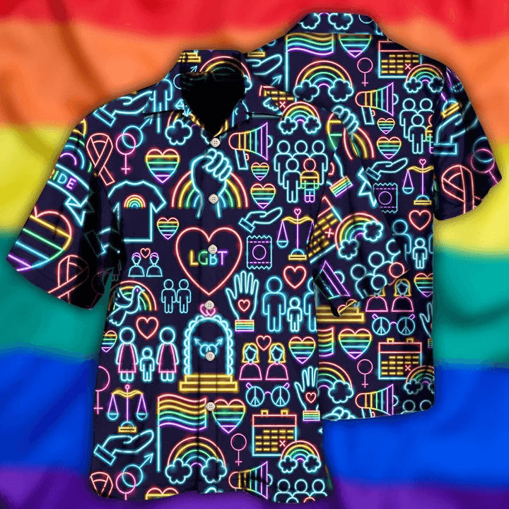 LGBT Aloha Hawaiian Shirts For Summer, Symbols Neon Colorful Rainbow LGBT Pride Hawaiian Shirts, Gift For Couple Gaymer And Lesbian, Friend - Amzanimalsgift