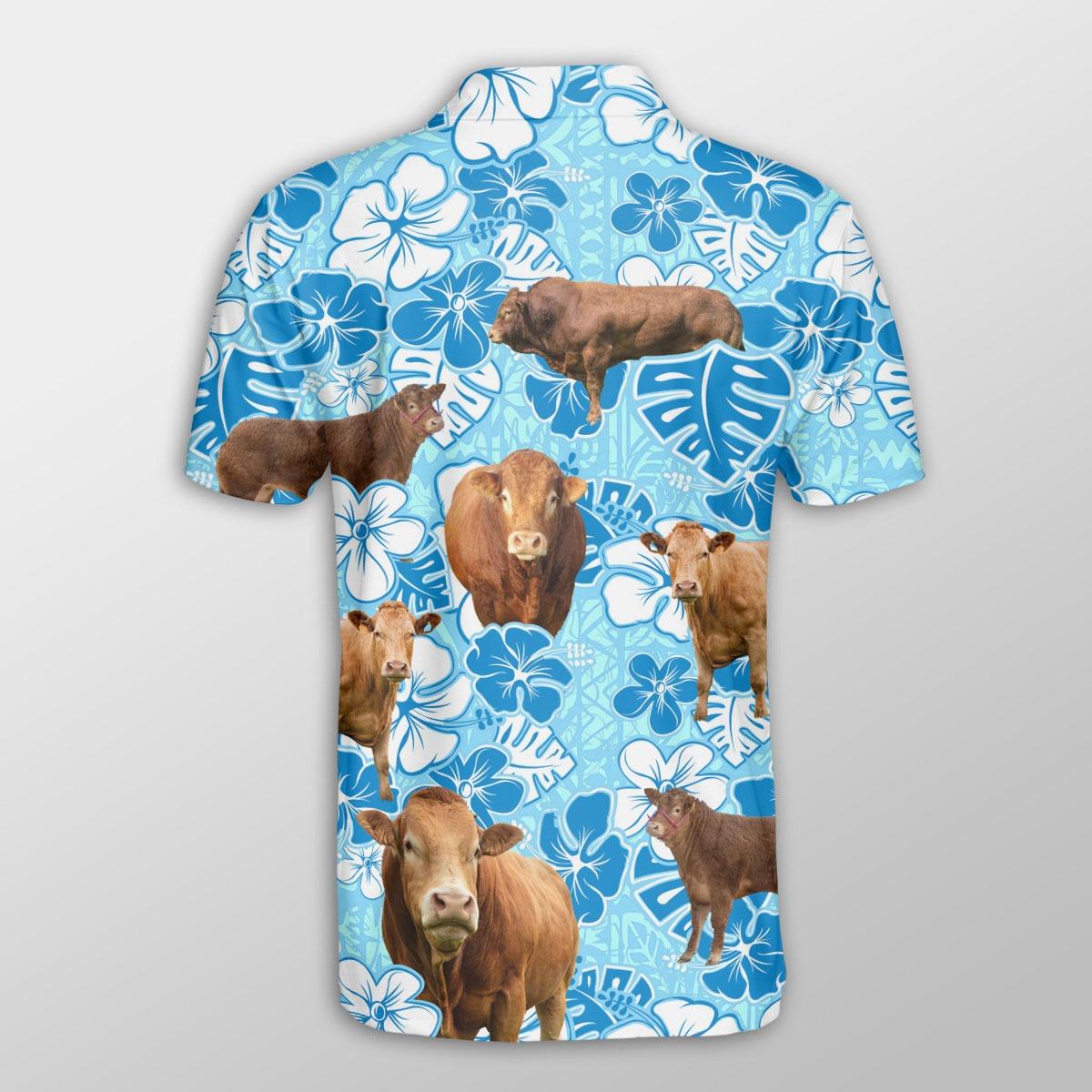 Limousin Men Polo Shirts For Summer - Limousin Cattle Blue Floral Button Shirts For Men - Perfect Gift For Limousin Lovers, Cattle Lovers - Amzanimalsgift