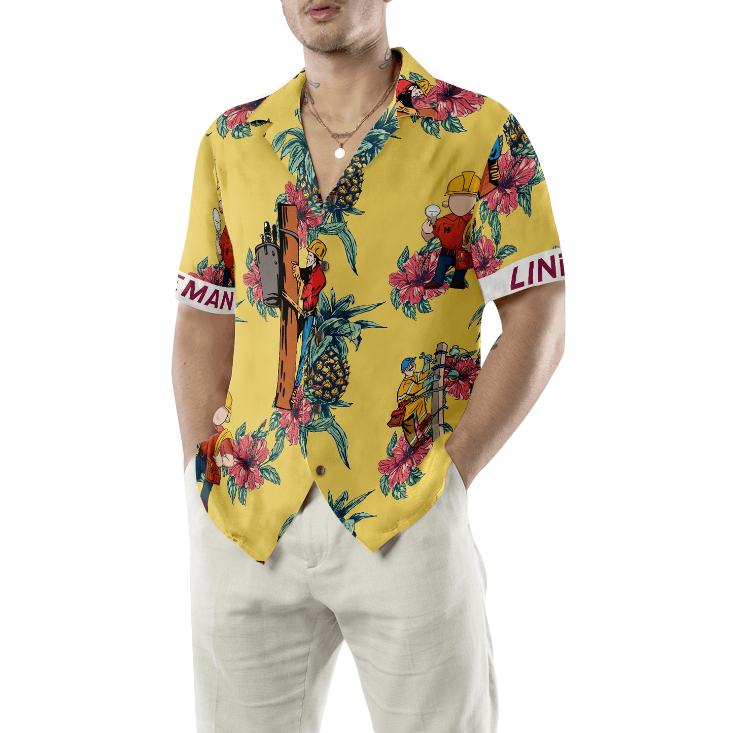 Lineman Pineapple Seamless Pattern Hawaiian Shirt, Colorful Summer Aloha Shirt For Men Women, Perfect Gift For Friend, Family, Husband, Wife - Amzanimalsgift