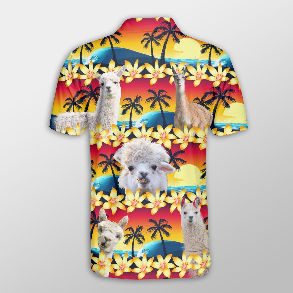 Llama Men Polo Shirts For Summer - Llama Beach Sunset Pattern Button Shirts For Men - Perfect Gift For Llama Lovers, Cattle Lovers - Amzanimalsgift
