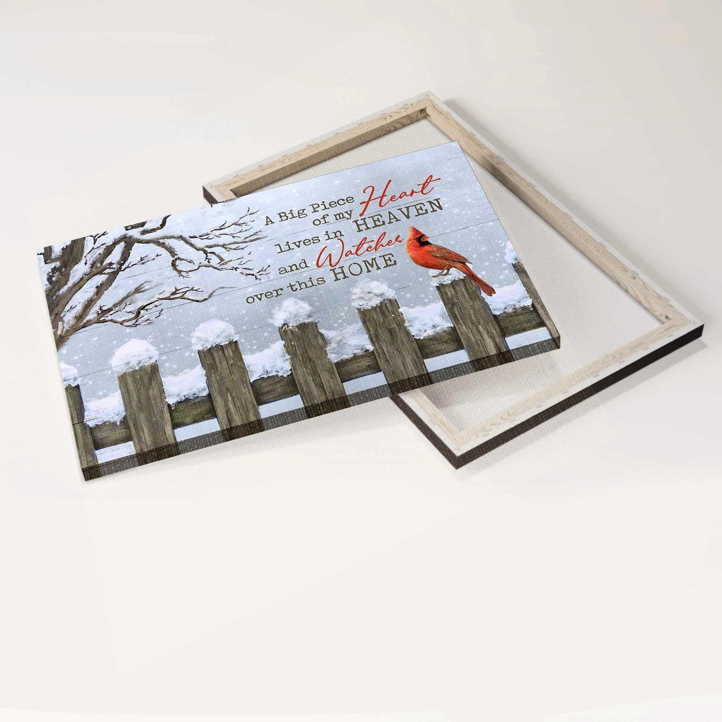 Memorial Landscape Canvas- Snow fence, Red cardinal- Gift for members family- A big piece of my heart lives in heaven - Heaven Landscape Canvas Prints, Wall Art - Amzanimalsgift