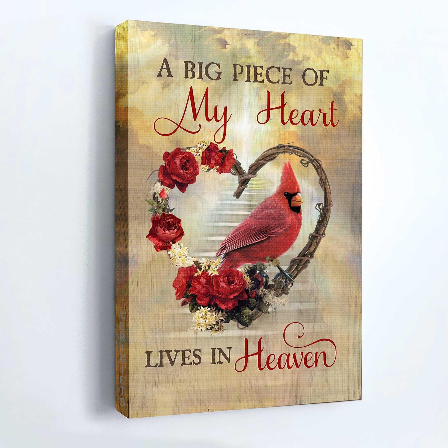 Memorial Portrait Canvas- Flower wreath, Red rose, Cardinal drawing canvas- Gift for members family- A big piece of my heart lives in heaven - Heaven Portrait Canvas Prints, Wall Art - Amzanimalsgift