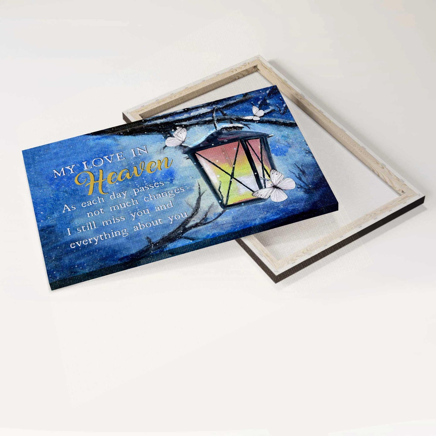 Memorial Premium Wrapped Landscape Canvas - Beautiful Lantern, White Butterfly, Blue Night, My Love In Heaven - Heaven Gift For Family Members - Amzanimalsgift