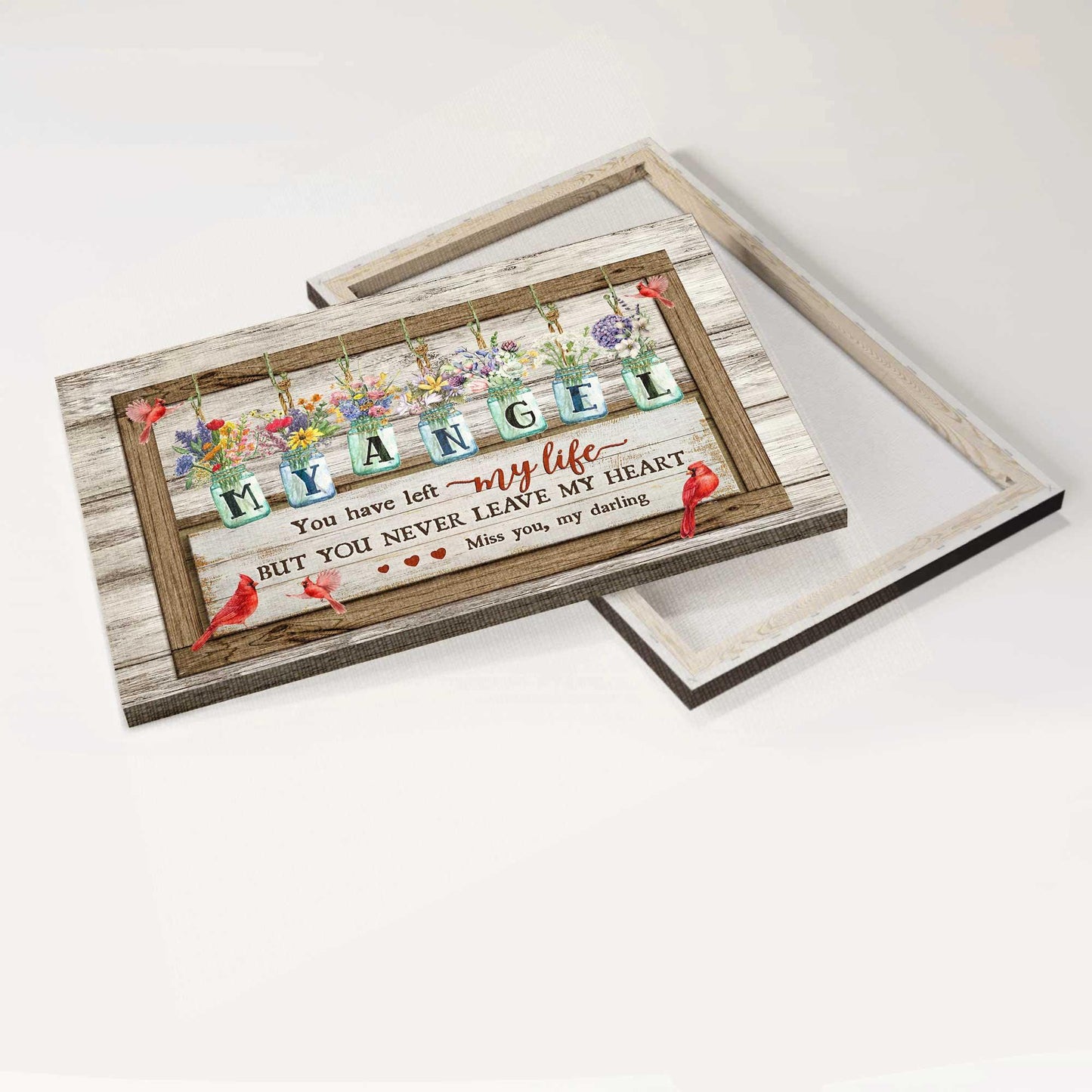 Memorial Premium Wrapped Landscape Canvas - Flower jars, Vintage painting, Cardinals canvas, You never leave my heart - Heaven Gifts for members family - Amzanimalsgift