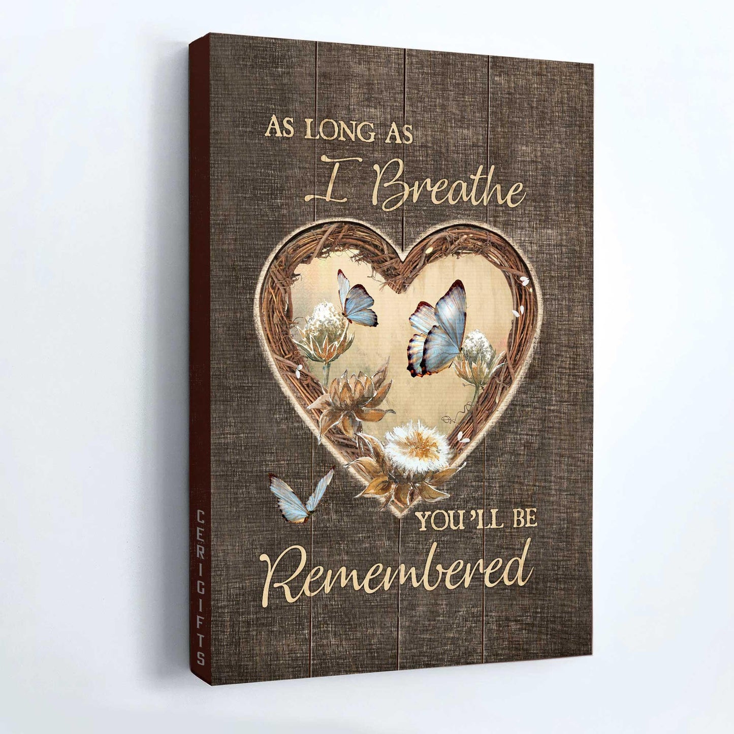Memorial Premium Wrapped Portrait Canvas - Blue butterfly, Heart Wreath, Pretty Wildflower, As Long As I Breathe - Heaven Gift For Members Family - Amzanimalsgift