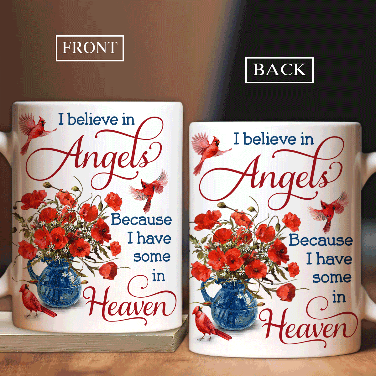 Memorial White Mug - Poppy flower, Cardinal painting, Vintage flower vase - Gift for members family - I believe in angels - Heaven White Mug. - Amzanimalsgift