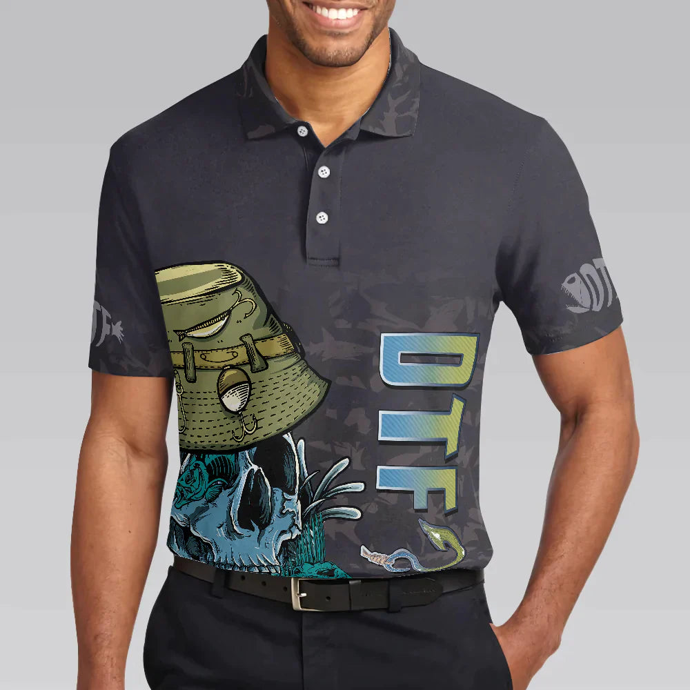 Men Fishing Polo Shirt - Black Skull Fishing Men Polo Shirt, I'm Always DTF Down To Fish Fishing Polo Shirt, Best Fishing Shirt For Men - Amzanimalsgift