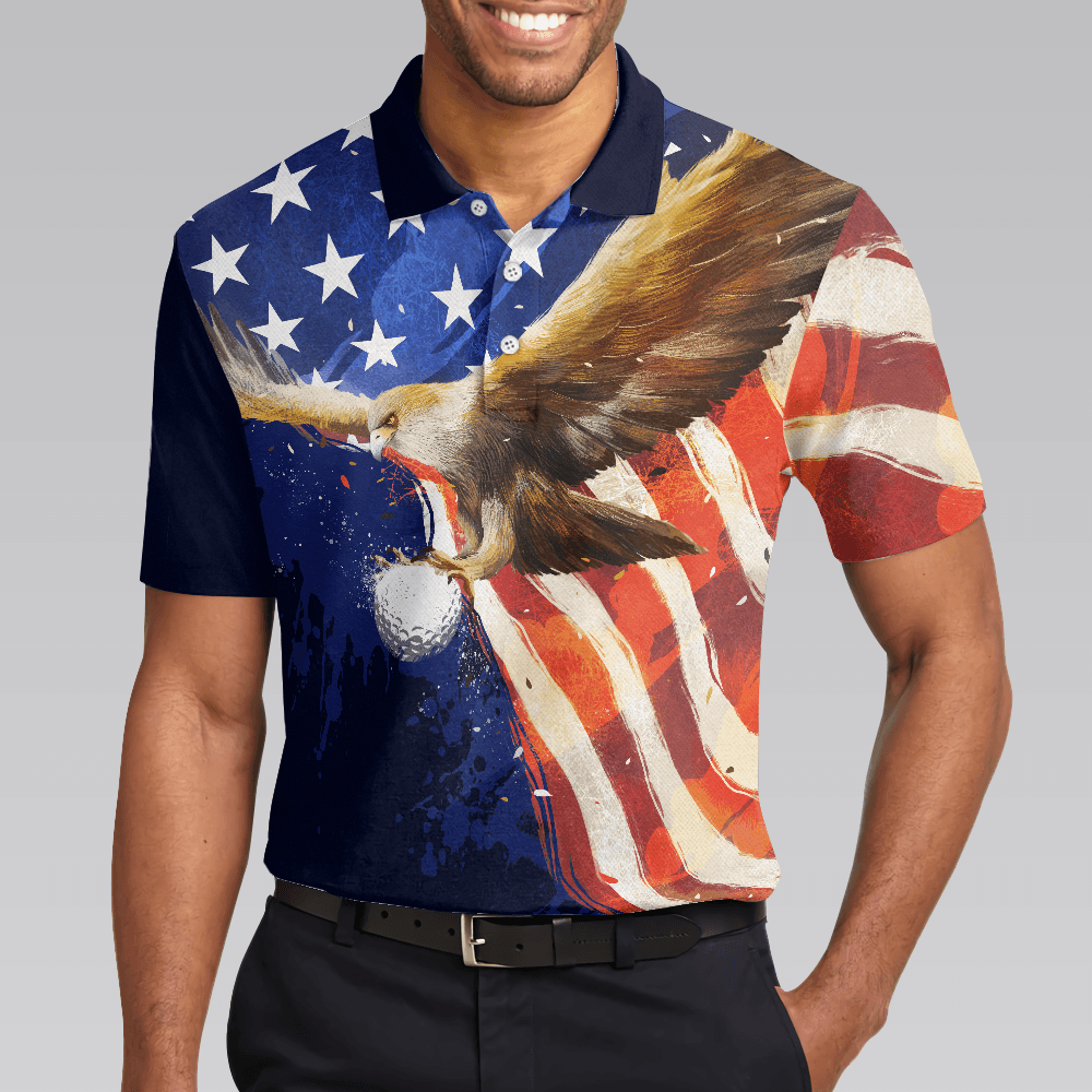 Men Golf Polo Shirt - Eagle Flying Golf with American Flag Polo Shirt for Men, Men Polo Shirt, Golf Gift For Golf Lover - Amzanimalsgift