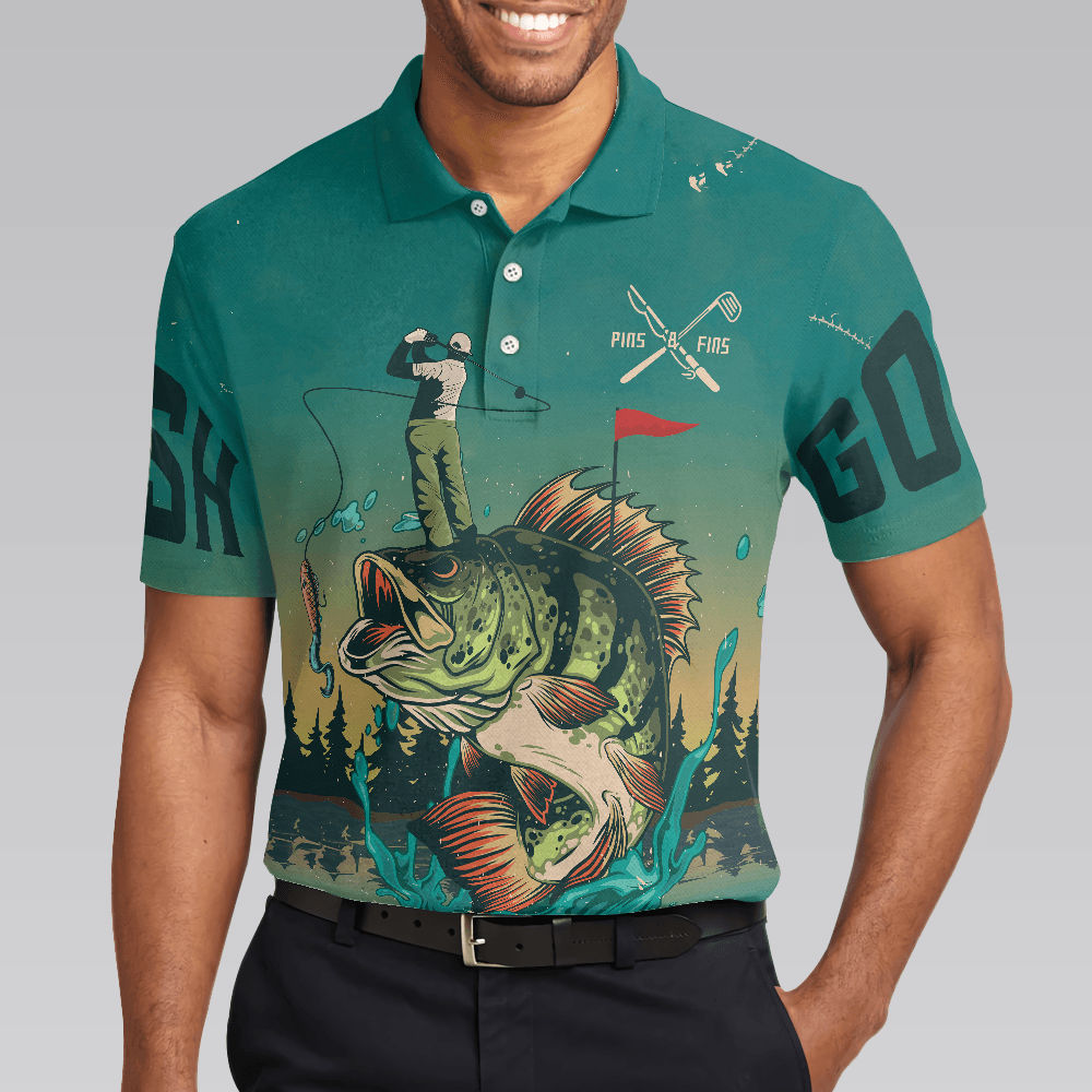 Men Golf Polo Shirt - Fly Fishing And Golf Men Polo Shirt, Fish On Golf On Pa-Pow Fishing Men Polo Shirt - Perfect Polo Shirt For Men, Golfers - Amzanimalsgift